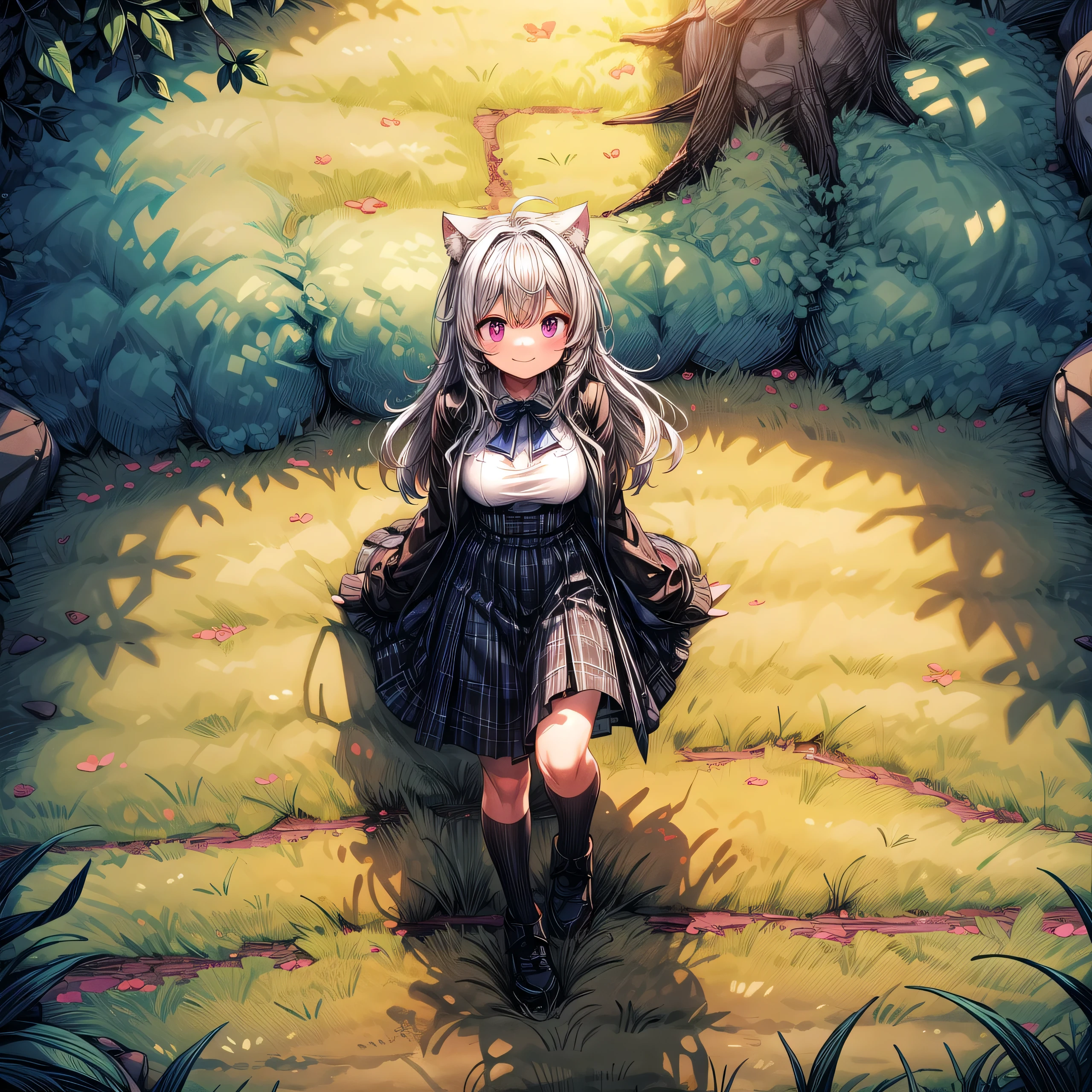 1 female，young，silver hair，Smile，pinkeye，long hair，Bangs，Cat ear，big breasts，White T-shirt，black skirt，Switzerland，number，shrub，country，Walk on dirt roads，Low pile of rocks on the roadside，Wooden house，grassland，summer，daytime，individual，Sunlight，Cinema lighting, Ray tracing, reflected light, glowing light, backlight, divine light, ultra high definition, masterpiece, Super details, high detail, high quality, best quality, high resolution, 8k