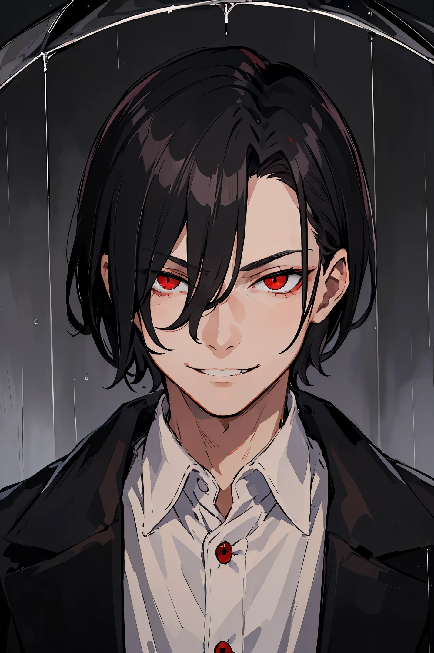 masterpiece, dark night, boy, johan liebert, wavy black hair, short hair, 20 years, Red eyes, sparkling eyes, Grim Smile, grin, villain, narrowed eyes, very detailed beautiful face and eyes, portrait, shirt, rain, Blood