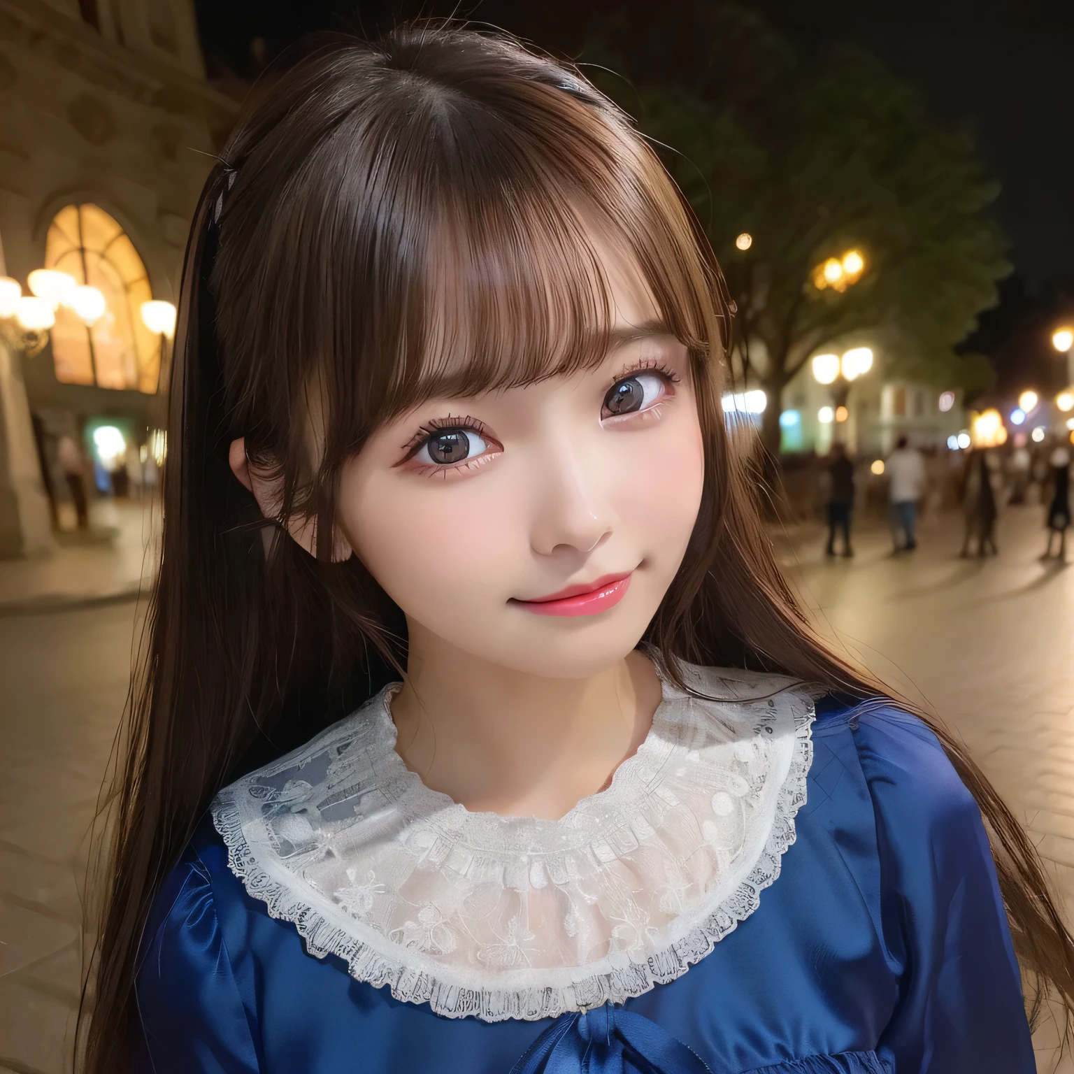 超high quality、最high quality、light smile、night、RAW photo、(((Portrait of extreme beauty)))、((glowing skin))、1 girl、19-year-old beautiful girl in Prague、bright look、((brown hair))、[Big blue eyes that shine like jewels]、Glossy, glowing skin、Silky long straight hair、eyeliner、beautiful bangs、hair between eyes、Summery skirt costume、((masterpiece、最high quality、Super detailed、film light、intricate details、High resolution、very detailed))、detailed background、8KUHD、Digital single-lens reflex camera、soft light、high quality、film grain、Fujifilm XT3 、shallow depth of field、natural soft light、Kamimei、rich bust
