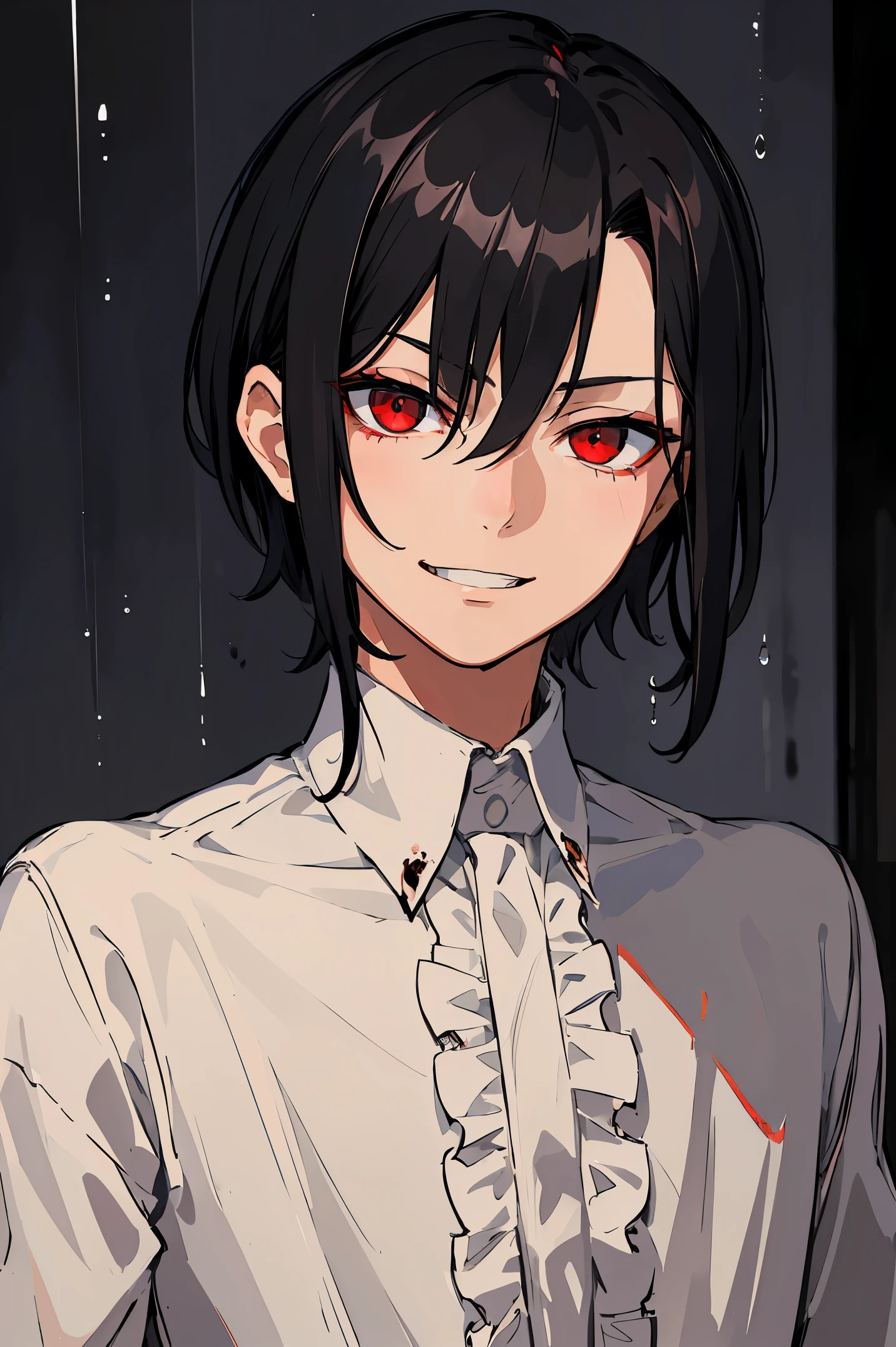 masterpiece, dark night, boy, johan liebert, wavy black hair, short hair, 20 years, Red eyes, sparkling eyes, Grim Smile, grin, villain, narrowed eyes, very detailed beautiful face and eyes, portrait, shirt, rain, Blood