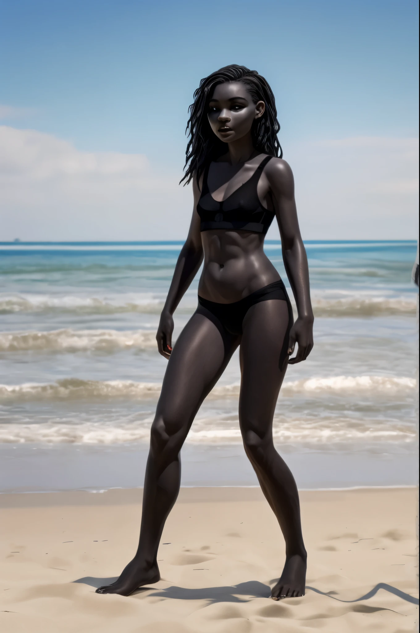 ebony woman, naked, small breasts, standing at the beach, straight black hair, bra, panties, white crop top, white shorts