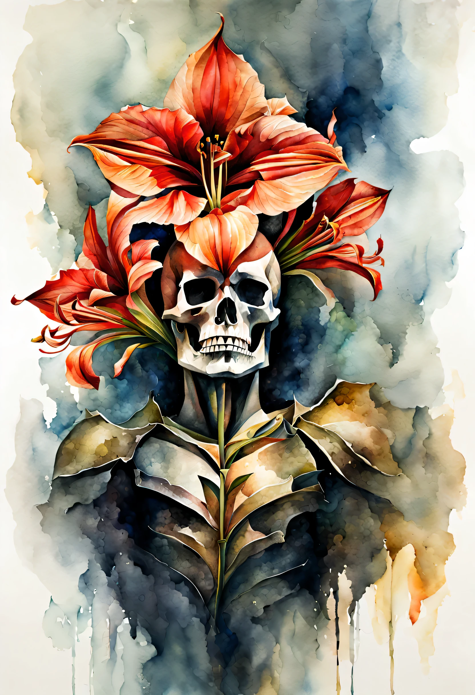 stunning watercolor masterpiece, dignified face prepared for death, featuring a collaboration between a temple-knight and a cluster amaryllis, capturing the essence of both strength and beauty, aesthetics of death, visually striking watercolor rendering, bold dynamic to delicate intricate, surreal portraits, cinematic angle, best quality,