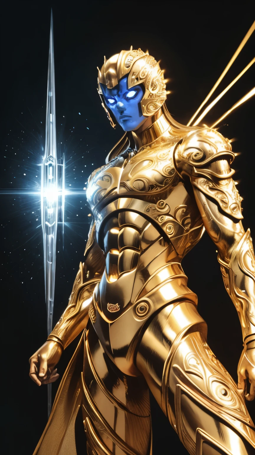 End Of The World manifests as an intricate metallic figure with an elegant white body with gold accents. Its design is adorned with intricate golden patterns that glow softly when activated. The Stand's eyes emit an intense blue light, and its limbs are decorated with crystalline structures that shine with different colors. It exudes an aura of mystery and power