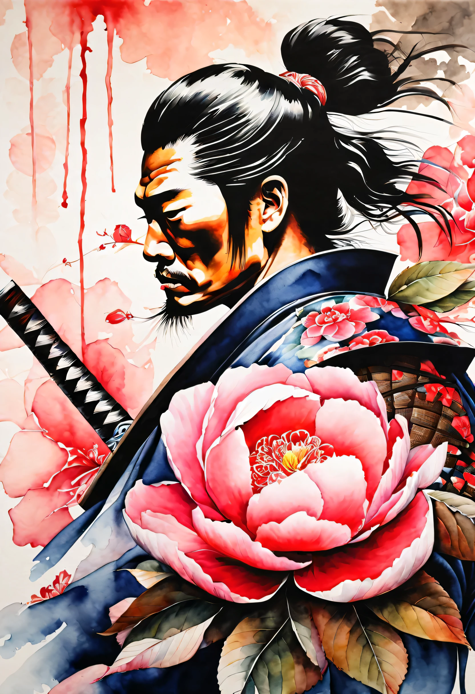 stunning watercolor masterpiece, featuring a collaboration between a samurai and a camellia flower, capturing the essence of both strength and beauty, aesthetics of death, visually striking watercolor rendering, bold dynamic to delicate intricate, surreal portraits, cinematic angle, best quality,