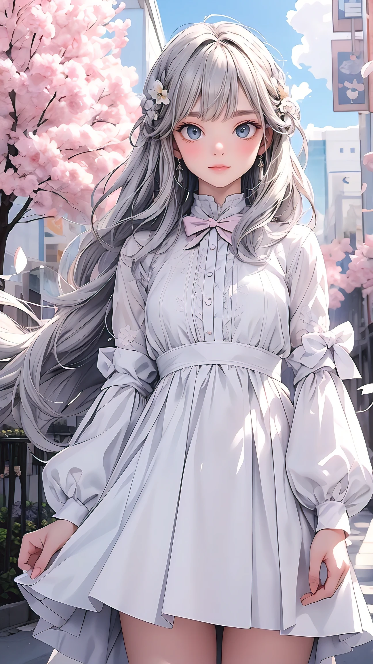 Masterpiece, Superb Piece, Daytime, Outdoor, Falling Flowers, White Dress, 1 Girl, Perfect Woman, Silver and White Long Haired Woman, Gray Blue Eyes, Pale Pink Lips, Cold, Serious, Bang, Purple Eyes, White Clothes, Black Clothing Lines, Delicate Face, Exquisite Face, Standing Bow, Tassels, Happiness Knot, Smile