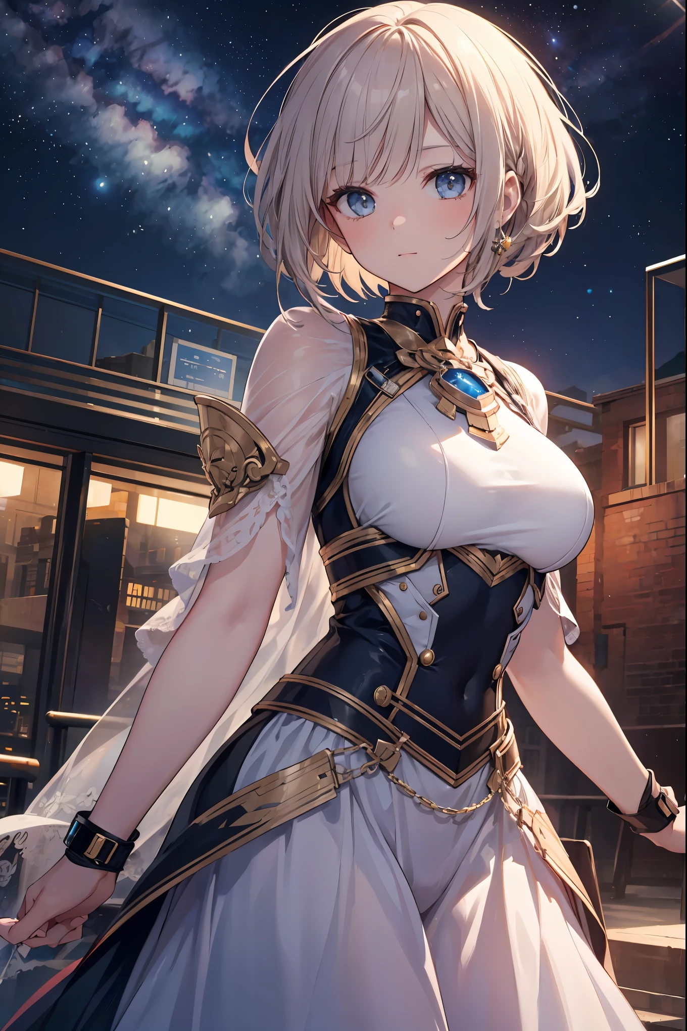(Masterpiece, highest quality, absolute resolution, hyper-realistic work, intricate, meticulous and detailed realistic materials and textures and light sources, perfect anatomy),
BREAK,
girl, see audience, one-length bob cut braided ponytail hair, impressionistic, vintage, "A young girl is a princess of the Milky Way, wearing a gorgeous western dress with cosmic elements and fanciful details, set in a future society with an advanced science backdrop of a starry sky. The scene combines. The background depicts spaceships capable of interstellar travel and advanced city skylines
"BREAK
,
BREAK , SF