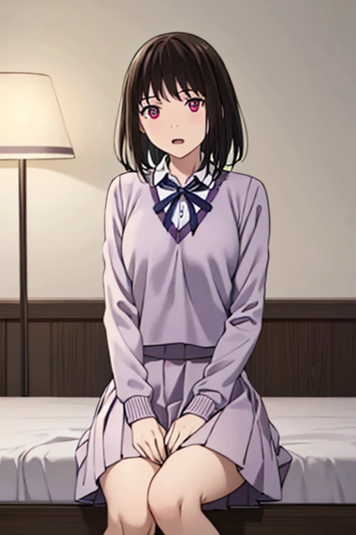 masterpiece:1.6, best quality), finely detailed beautiful eyes: 1.2), colorful, 1boy, buzzcut, muscular, brown eyes, school uniform, boy caressing girl's body, breast groping, breast grope, hold breast, hug from behind, 1girl, bangs, black hair, blush, collared shirt, school uniform, shirt, short hair, sweater vest, vest, purple shirt, light blue sweater vest, light blue vest, short skirt, short sleeves, puffy sleeves, red neckerchief, indoors, sit, sitting on bed , bed,bedroom, lamp, cowboy shot