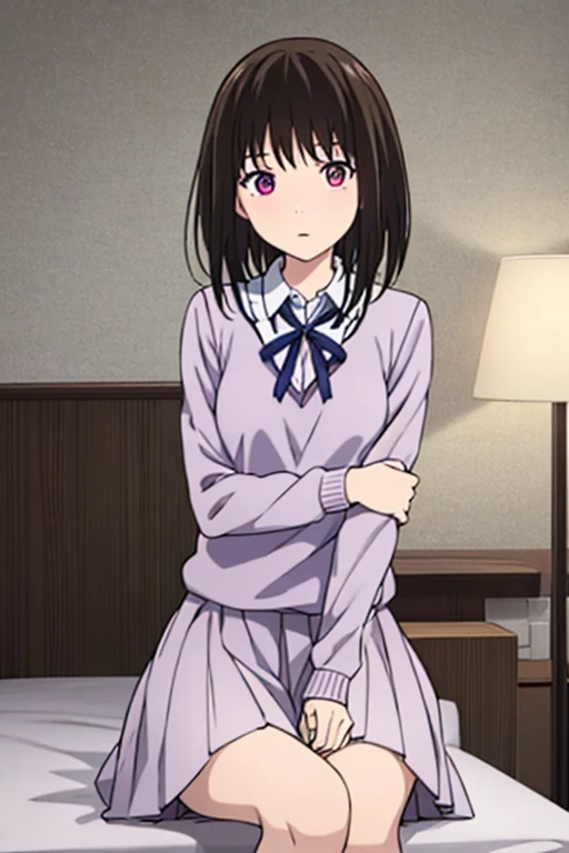 masterpiece:1.6, best quality), finely detailed beautiful eyes: 1.2), colorful, 1boy, buzzcut, muscular, brown eyes, school uniform, boy caressing girl's body, breast groping, breast grope, hold breast, hug from behind, 1girl, bangs, black hair, blush, collared shirt, school uniform, shirt, short hair, sweater vest, vest, purple shirt, light blue sweater vest, light blue vest, short skirt, short sleeves, puffy sleeves, red neckerchief, indoors, sit, sitting on bed , bed,bedroom, lamp, cowboy shot
