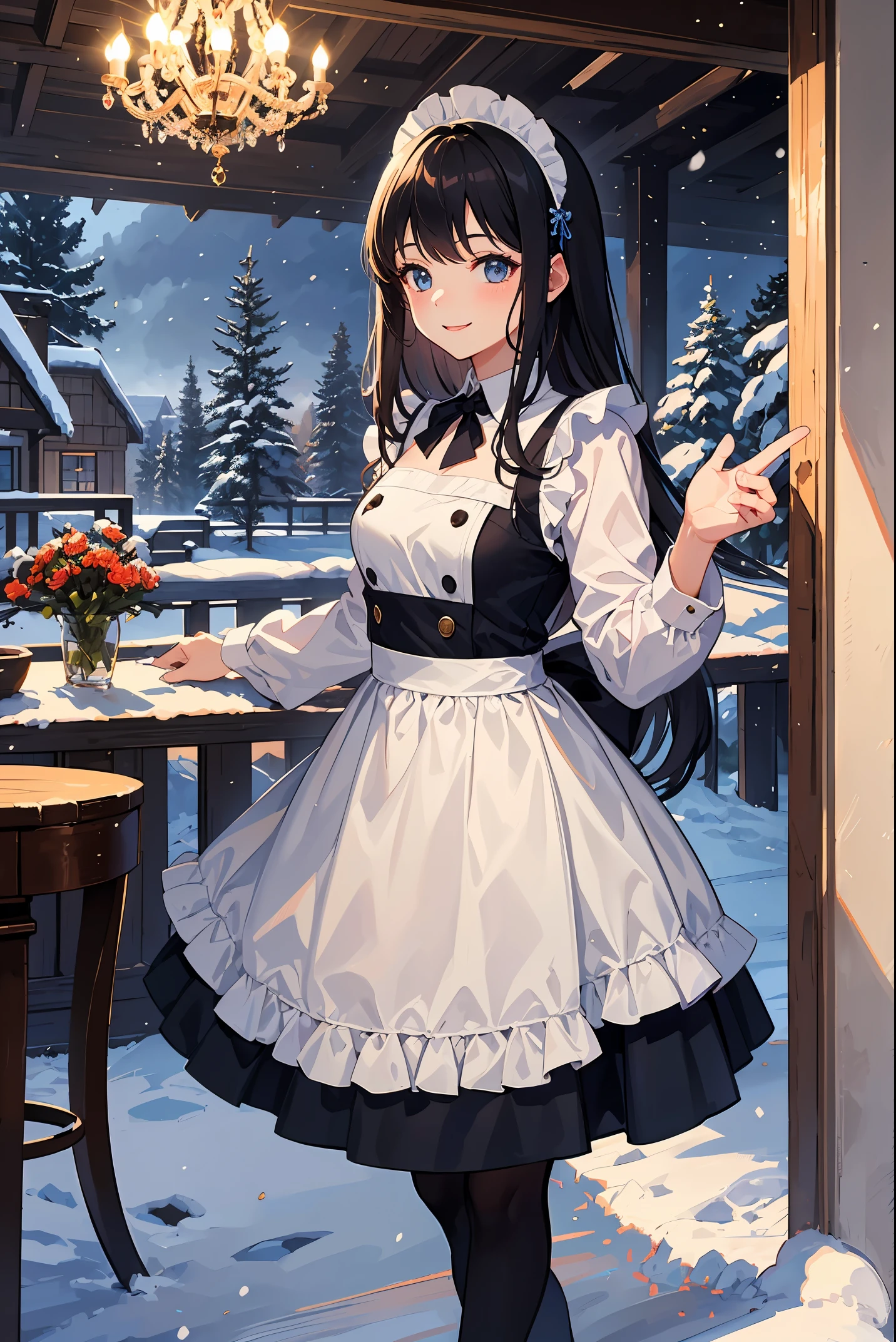 "In this cold weather design, a cute girl in heavy clothing is smiling in the snow. The background is snowy pine trees and old-fashioned houses, creating a warm winter atmosphere."(best quality: 1.2), (solo: 1.3), (1 girl,: 1.3), panic, maid clothes, luxurious palace, chandelier