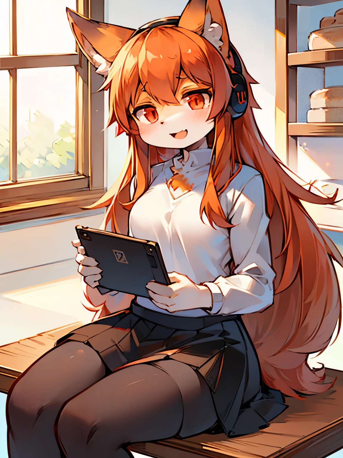 Solo, kemono, femboy, long hair, black and orange hair, red eyes, wear white shirt, wear black skirt, white headphone on neck, smile open mouth, look at camera, sitting, tablet on table, bakery background, large window side, bakery shop, high details