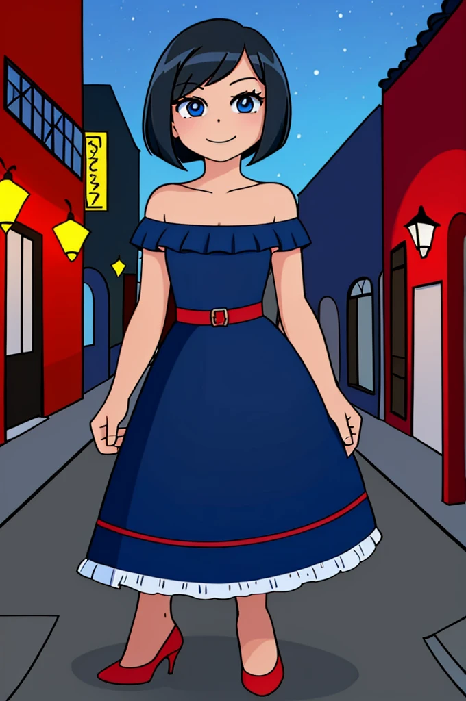 ((best quality)), ((masterpiece)), perfect face, 1 girl, solo, teenager, black hair, bob cut, bob hair, blue eyes, smile, in a flamenco dress, red off the shoulder dress, red dress, a longer body, teenager, bare shoulders, and being so beautiful, red high heel shoes, dancing in the village, at night time at a town,
