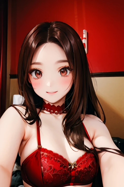 Brown hair, Brown eyes,large breast, red lingerie, red underwear, red bra, sexy, smile, a hotel bedroom