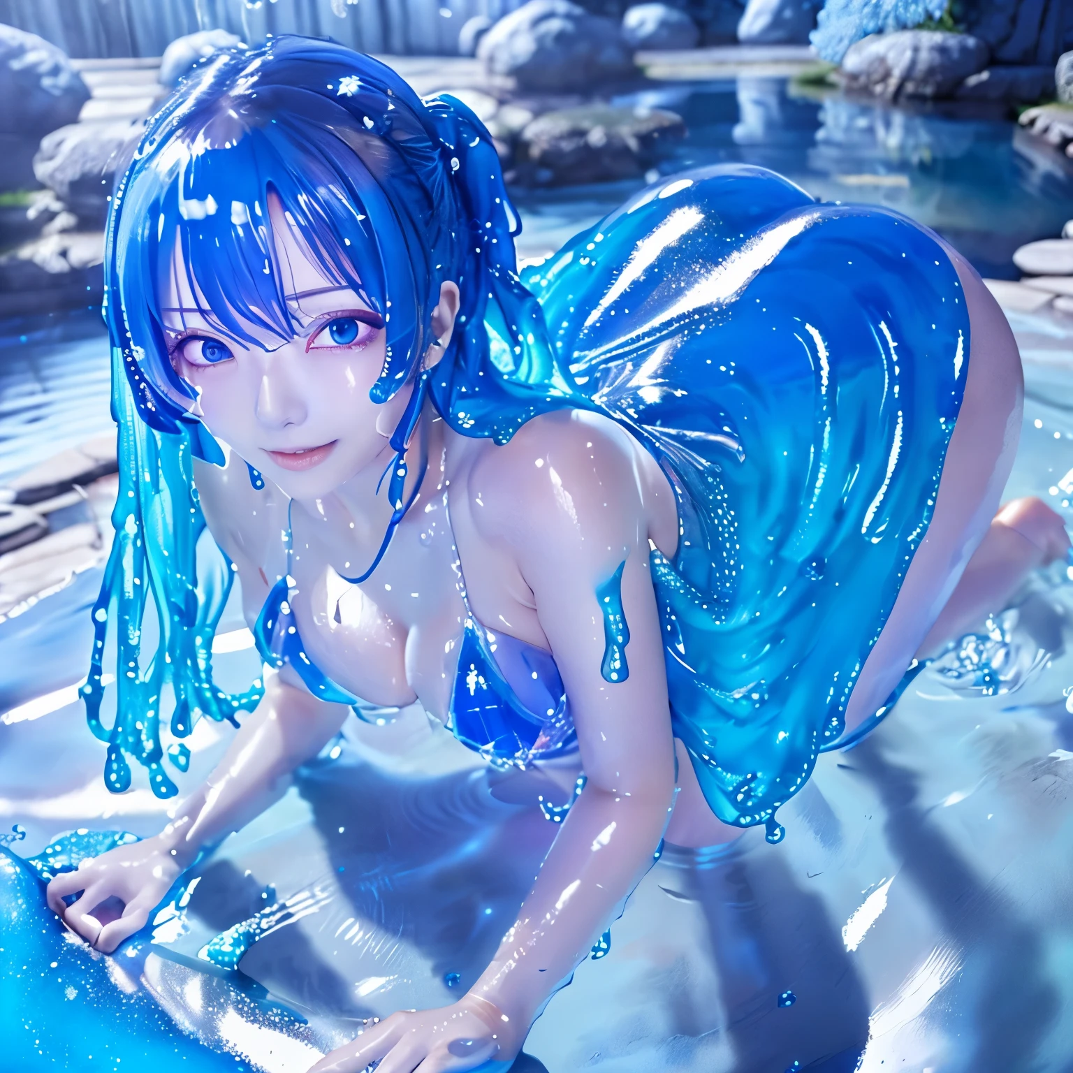 (hight resolution,masutepiece:1.2),Ultra-detailed,(Realistic:1.37), Slime Girl,covered in blue slime, (partially transparent), (Wet with water), (blue sweat), Slimy blue liquid dripping from her body. Her hair is also covered in blue slime. blue slime scatters, Blue hair, blue eyes