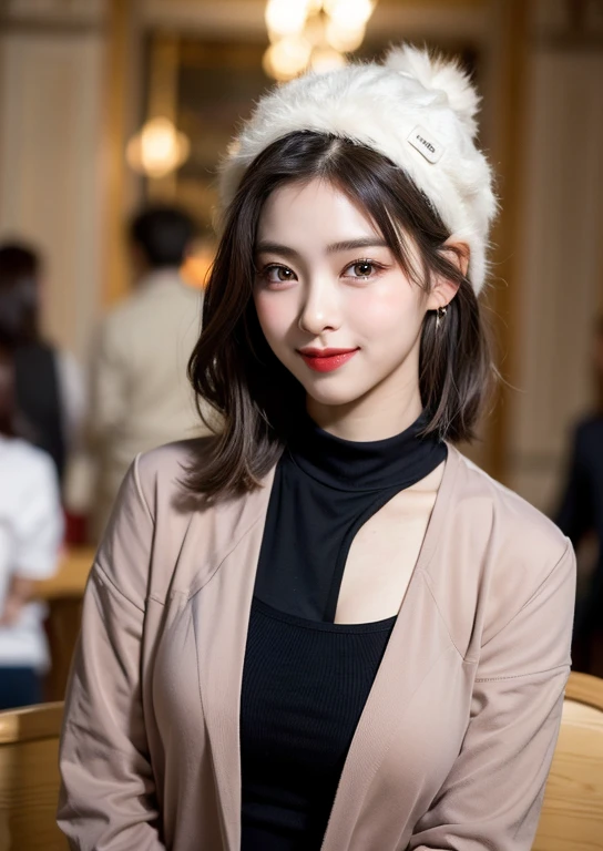 (masterpiece, highest quality、Beautiful woman full of adult charm:1.4、head tilt),1 girl, solo, black hair, scarf, hat of,, real, look at the audience, pale black eyes, short hair, cook coat, winter clothes, 白いscarf, lips, lip gloss,bangs,, closed mouth, Big eyes、eyelashes、((Only the upper body is naked))、((bangsのあるショートヘア、Big eyes、Give students very strong highlights、very big breasts、look at the viewer、very beautiful beauty、stick out ears、long neck、smile a little、Close your mouth and smile、cleavage)))、28 years old、Cute supermodels、Lie on your stomach