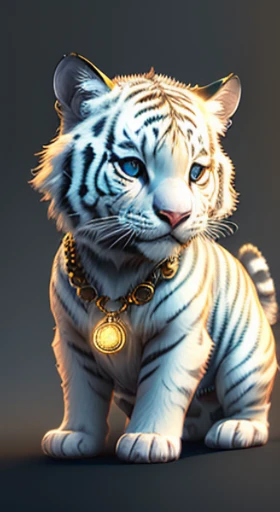 (best quality,4k,highres,masterpiece:1.2),ultra-detailed,(realistic:1.37) cute surreal white tiger, vibrant eyes with different colors, wearing a necklace, in a vivid scenery, adorable and fluffy, logo design, cartoonish, cinematic lighting effects, captivating, 3D vector art, cute and quirky, fantasy art, bokeh, hand-drawn, digital painting, soft lighting, isometric style, 4k resolution, photorealistic rendering, highly detailed and clean, vector graphics, realistic masterpiece, professional photography, minimalistic space background, plain white background, isometric, energetic vector art