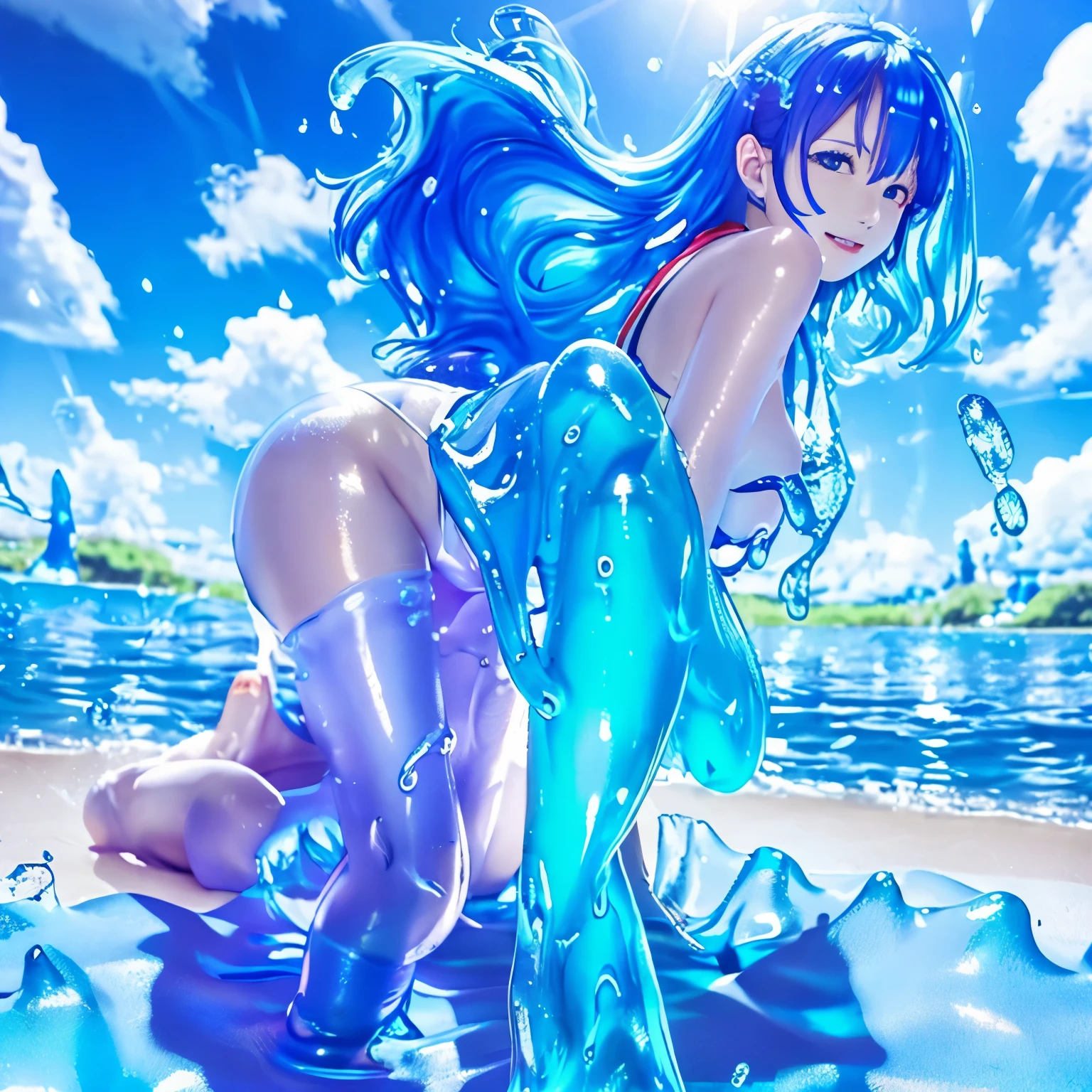 (hight resolution,masutepiece:1.2),Ultra-detailed,(Realistic:1.37), back shot, Slime Girl,covered in blue slime, (partially transparent), (Wet with water), (blue sweat), Slimy blue liquid dripping from her body. Her hair is also covered in blue slime. blue slime scatters, Blue hair, blue eyes