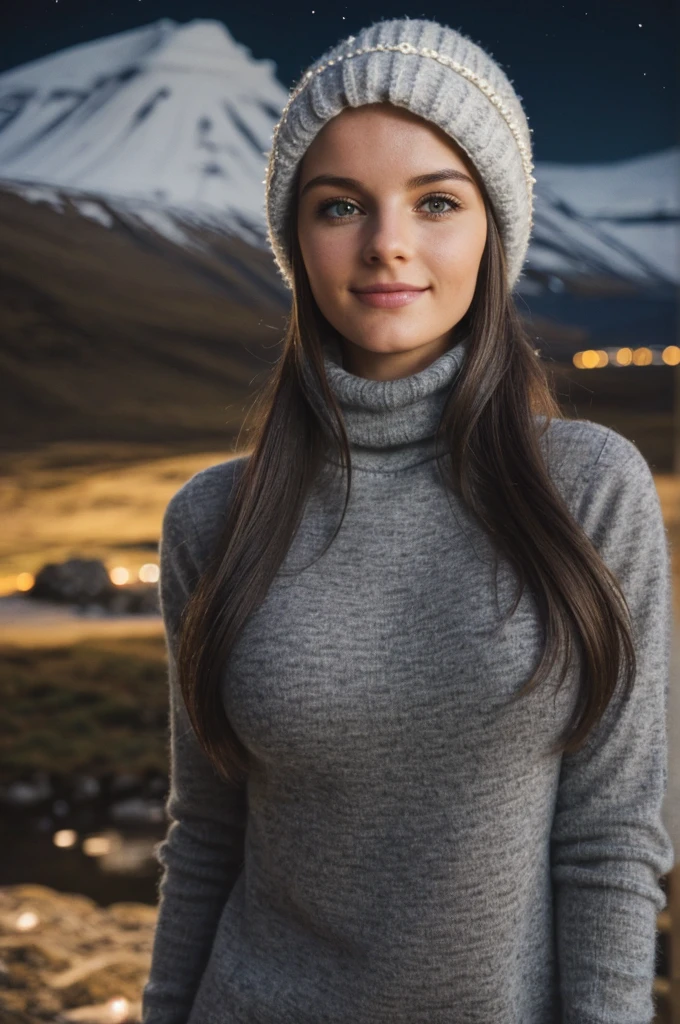 (((Switz, Iceland night time long exposure))), 1 gorgeous woman, 23 ans, subtle smile, flirts with the camera, shes a model, sensual pose, (European girl:1.2), (random hair:1.3), (Realistic hair:1.2), (realistic eyes:1.2), (Beauty face:1.3), SFW, (((grey bonnet on head))), (((large wool turtleneck loose white pullover))),(((black wool leggings))),(((heavy hiking fit boots))), perfect body, perfect hands, perfect breast, Kodak gold 200, medium shot, Best quality, ultra highres, (photoreallistic:1.4), 8k, (((extrreme low light conditions)))