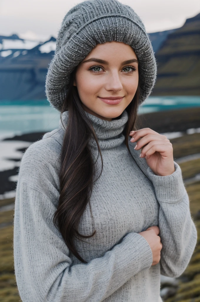 (((Switz, Iceland night time long exposure))), 1 gorgeous woman, 23 ans, subtle smile, flirts with the camera, shes a model, sensual pose, (European girl:1.2), (random hair:1.3), (Realistic hair:1.2), (realistic eyes:1.2), (Beauty face:1.3), SFW, (((grey bonnet on head))), (((large wool turtleneck loose white pullover))),(((black wool leggings))),(((heavy hiking fit boots))), perfect body, perfect hands, perfect breast, Kodak gold 200, medium shot, Best quality, ultra highres, (photoreallistic:1.4), 8k, (((extrreme low light conditions)))