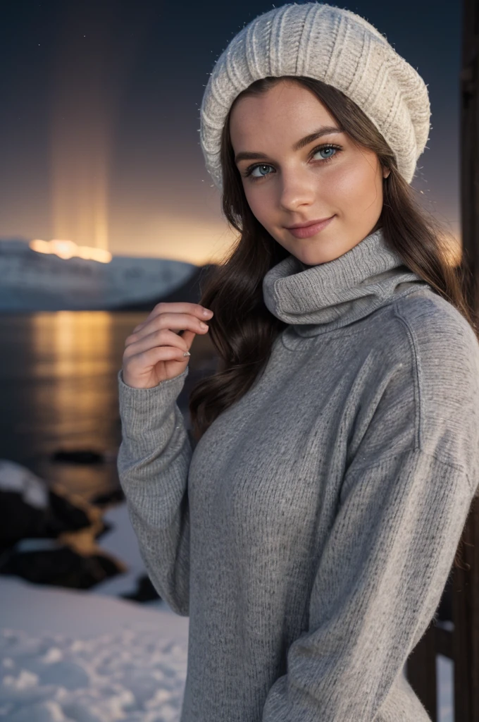 (((Switz, Iceland night time long exposure))), 1 gorgeous woman, 23 ans, subtle smile, flirts with the camera, shes a model, sensual pose, (European girl:1.2), (random hair:1.3), (Realistic hair:1.2), (realistic eyes:1.2), (Beauty face:1.3), SFW, (((grey bonnet on head))), (((large wool turtleneck loose white pullover))),(((black wool leggings))),(((heavy hiking fit boots))), perfect body, perfect hands, perfect breast, Kodak gold 200, medium shot, Best quality, ultra highres, (photoreallistic:1.4), 8k, (((extrreme low light conditions)))