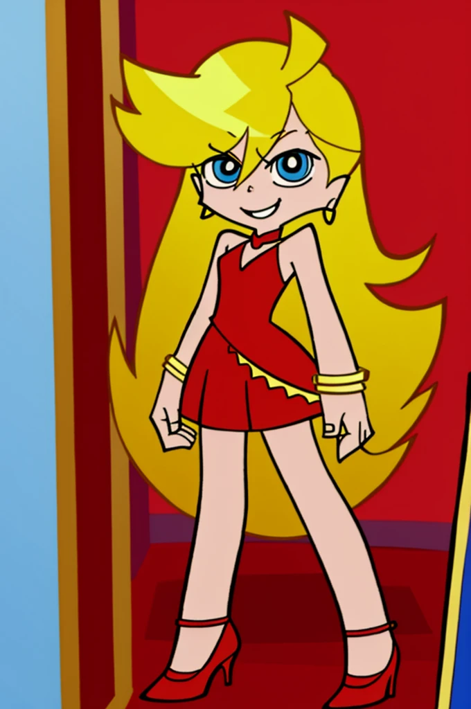 Panty Anarchy, blonde hair, long hair, blue eyes, little red dress, red short dress, choker, gold hoop earrings, gold bracelet, hallway background, smile, standing up, red high heels 