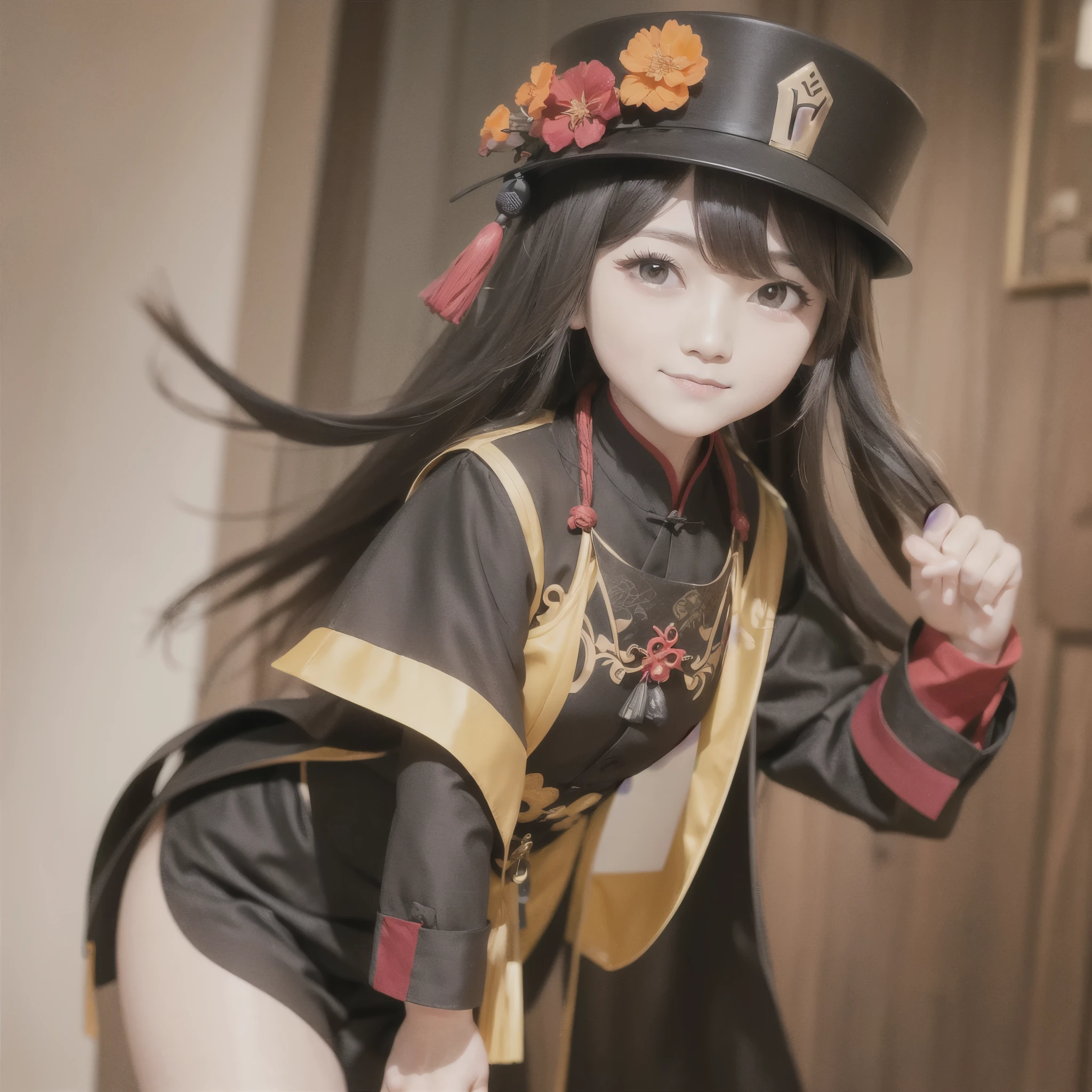 Hu Tao's overall costume can be regarded as designed mainly from Tang suits. The appearance of the costume is generally black but slightly reddish, which is more in line with the definition of black, She wears a black porkpie hat emblazoned with a wooden talisman, adorned with a red plum blossom branch in bloom, along with an indigo tassel tied in a looped knot. Hu Tao wears a traditional red shirt with a mandarin collar, a brown coat with a darker collar and sleeve cuffs, and black shorts with gold accents, in the city, sunny. Standing in the street, solo, smiling,