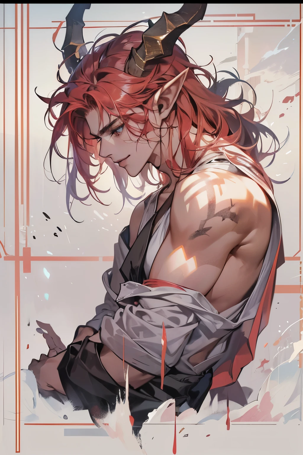 (table top, digital art, digital illustration, 4K, 8K, super detailed, beautiful images, clear image, realistic, RAW photo, perfect face, perfect lines, perfect eyes, soft lighting) 1 male human, (Red hair、long hair、amber eyes,messy hair、Bullish look,Smile confidently、Demons、Two black horns grow from its head.、Pointed elf-like ears、32 years old:1.3),ハンサムなmale性, (White t-shirt with dowel dowel、vest、muscular、Thin macho,Firm shoulder width, male:1.2),Sit on a throne with your legs crossed、The king、Demon King、hair fluttering in the wind、Sunburned healthy skin