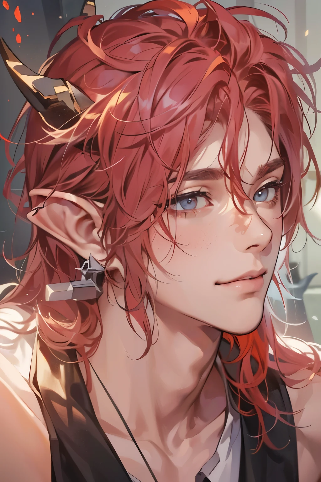 (table top, digital art, digital illustration, 4K, 8K, super detailed, beautiful images, clear image, realistic, RAW photo, perfect face, perfect lines, perfect eyes, soft lighting) 1 male human, (Red hair、long hair、amber eyes,messy hair、Bullish look,Smile confidently、Demons、Two black horns grow from its head.、Pointed elf-like ears、32 years old:1.3),ハンサムなmale性, (White t-shirt with dowel dowel、vest、muscular、Thin macho,Firm shoulder width, male:1.2),Sit on a throne with your legs crossed、The king、Demon King、hair fluttering in the wind、Sunburned healthy skin