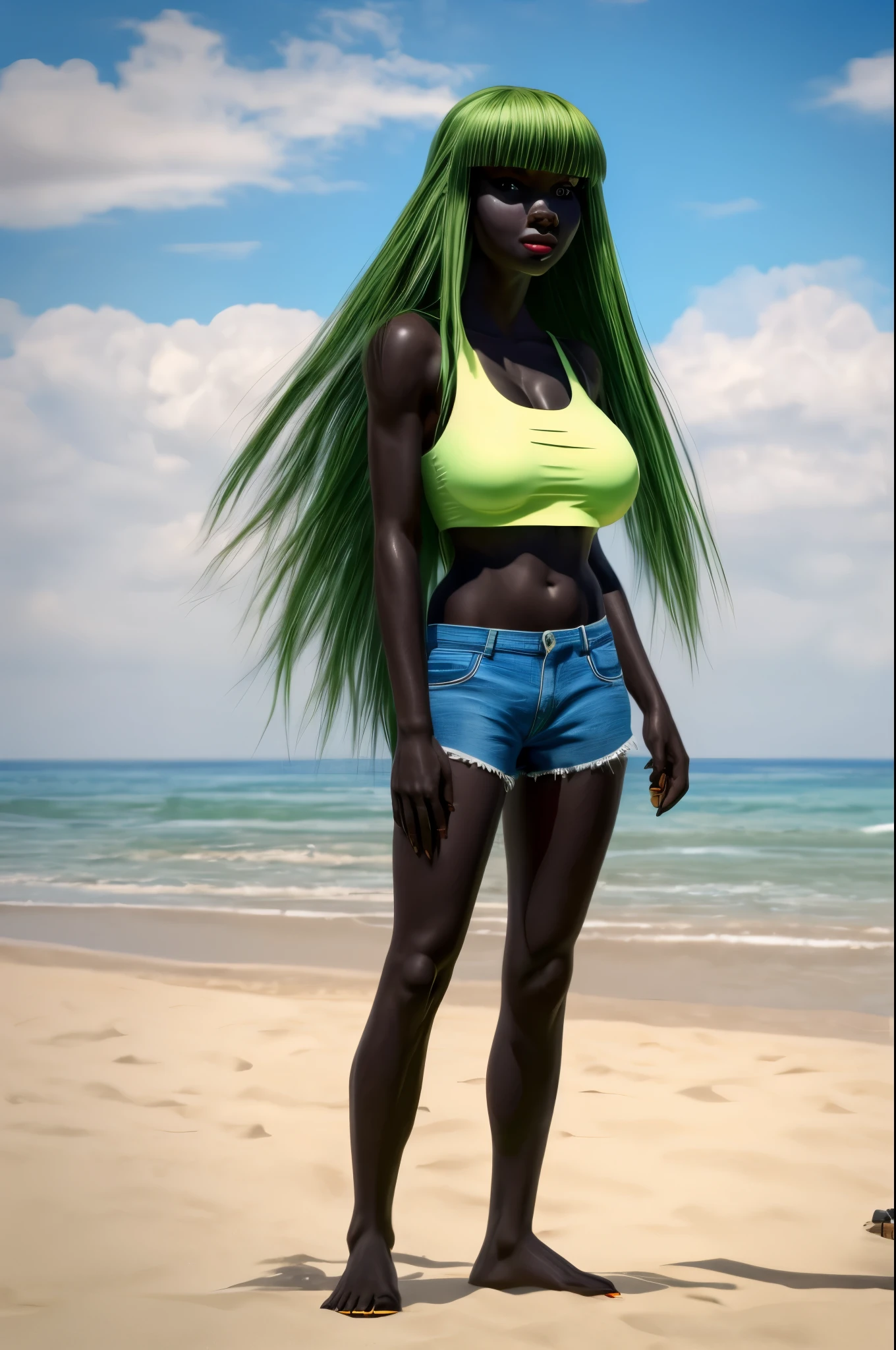 black woman, black skin, big breasts, standing at the beach, glowing green eyes, long straight turquoise hair with bangs in front of face, crop top, shorts, angry expression, glaring at camera