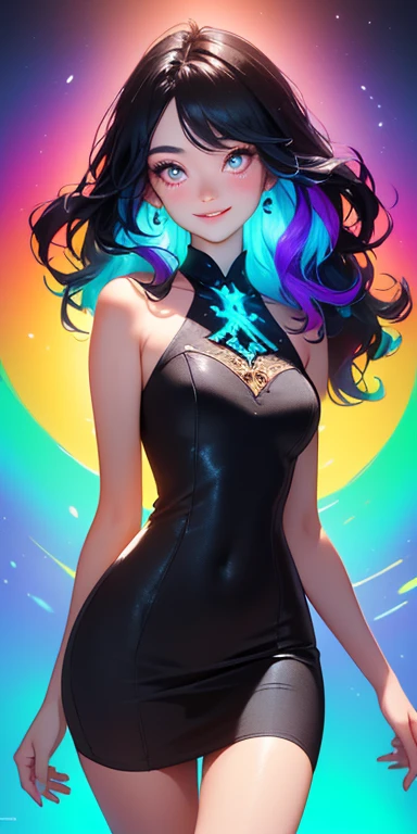 (black hair,colorful fluorescence multicolored  hair:1.5,wavy hair:1.5), (masterpiece, sidelights, exquisite beautiful eyes: 1.5), masterpiece*portrait, realistic, ((Colorful background of different colors:1.5)),(Gentle face:1.5),colorful,3D face,(cute face),front view: 1.6、 (glowing red eyes:1.2),(tareme:1.5)、(cute smile:1.5),,Slim Body, shiny hair, shiny skin: 1.5、medium breasts,、solo,(stand)、(taut dress:1.5)、(charactor focus:1.5、portlate、eye focus,cowboy shot)、bright atmosphere,intricatedetails