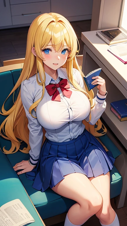 anime (Masou Gakuen HxH), lady , sexy (very big boobs), actress (Yurishia Farandole) , blue eyes , blonde / yellow long hair to hip / past hip length ,
school uniform , She is reading a book in a chemistry lab.