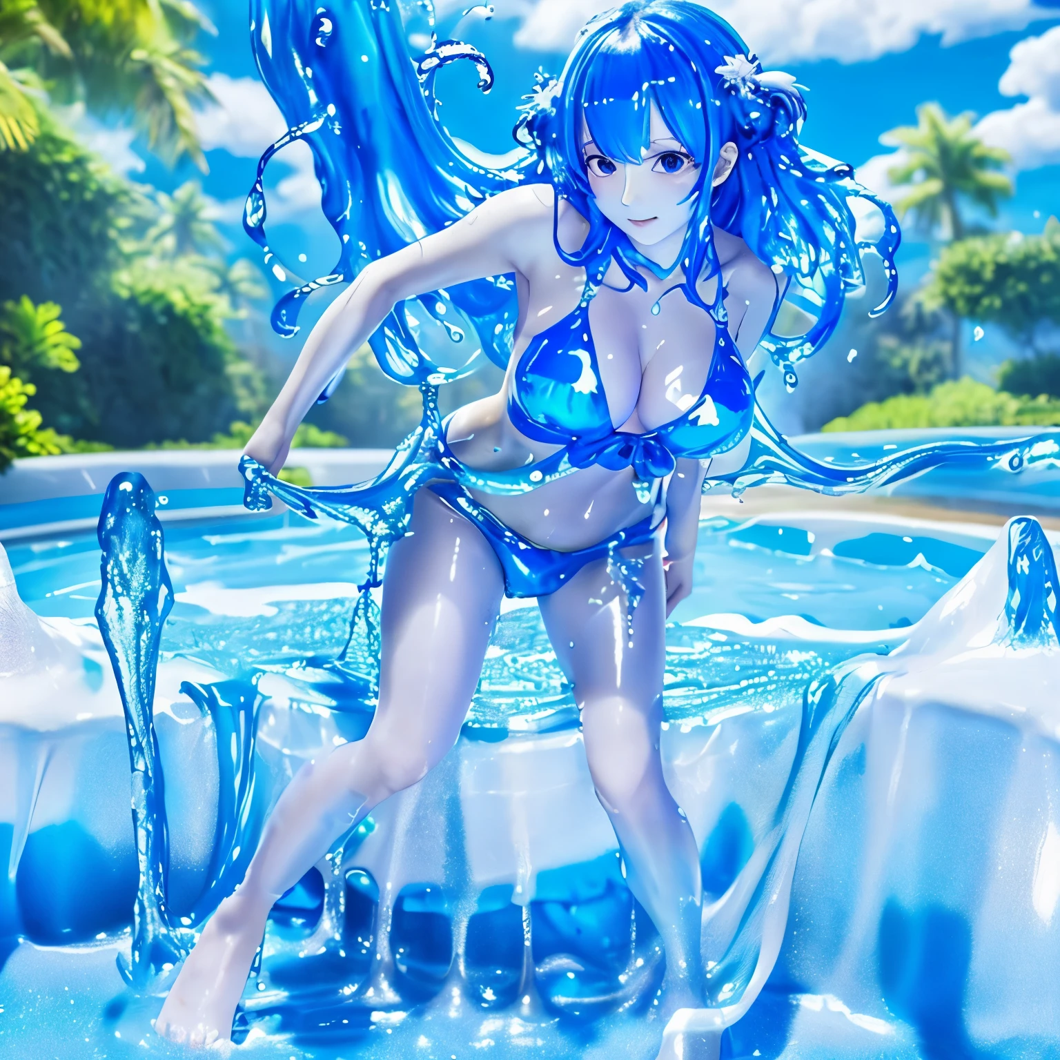 (hight resolution,masutepiece:1.2),Ultra-detailed,(Realistic:1.37),full body shot, Slime Girl,covered in blue slime, (partially transparent), (Wet with water), (blue sweat), Slimy blue liquid dripping from her body. Her hair is also covered in blue slime. blue slime scatters, Blue hair, blue eyes