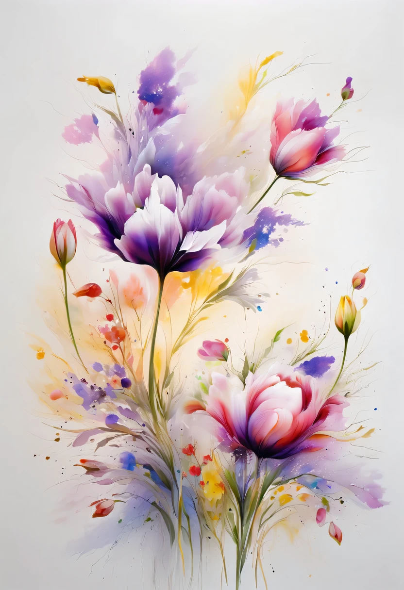 This watercolor flower painting presents an elegant and fresh visual effect。Field of wildflowers and tulips，Forming the perfect combination of nature and romance。The screen is dominated by a white background，Highlight isolated watercolor flower。Splash technology recreates wet conditions，The atmosphere seems vague and dreamy。Unique composition and abstract expression add to the artistic feel of the picture，Contains elements of surrealism。The overall color tone is mainly light tones，Purple and gold complement each other beautifully，Show high-resolution details。The splash-ink effect adds a touch of agility to the picture，The light color gives the flowers a deep and restrained beauty.