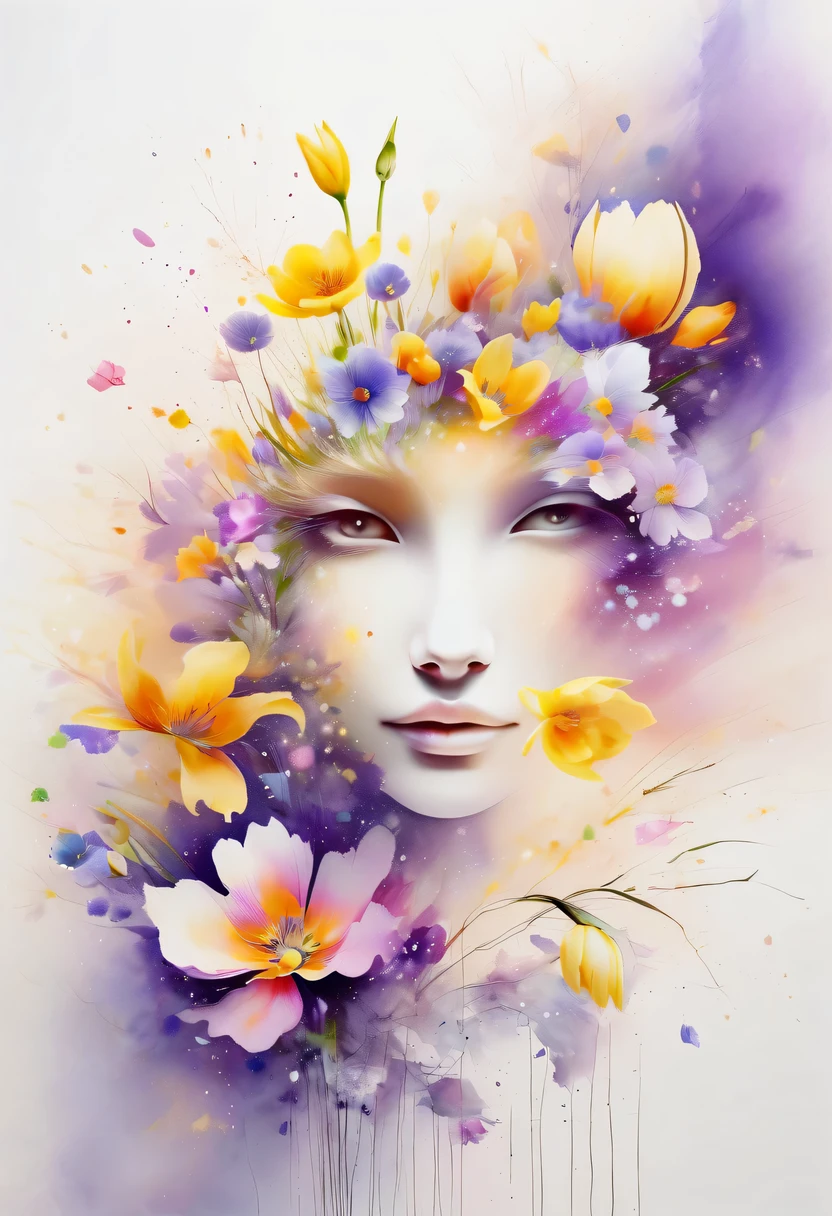 This watercolor flower painting presents an elegant and fresh visual effect。Field of wildflowers and tulips,Forming the perfect combination of nature and romance。The screen is dominated by a white background,Highlight isolated watercolor flower。Splash technology recreates wet conditions,The atmosphere seems vague and dreamy。Unique composition and abstract expression add to the artistic feel of the picture,Contains elements of surrealism。The overall color tone is mainly light tones,Purple and gold complement each other beautifully,Show high-resolution details。The splash-ink effect adds a touch of agility to the picture,The light color gives the flowers a deep and restrained beauty.