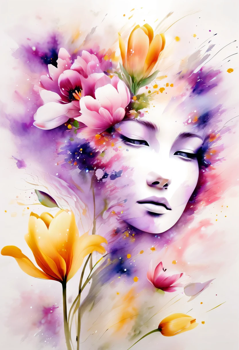 This watercolor flower painting presents an elegant and fresh visual effect。Field of wildflowers and tulips，Forming the perfect combination of nature and romance。The screen is dominated by a white background，Highlight isolated watercolor flower。Splash technology recreates wet conditions，The atmosphere seems vague and dreamy。Unique composition and abstract expression add to the artistic feel of the picture，Contains elements of surrealism。The overall color tone is mainly light tones，Purple and gold complement each other beautifully，Show high-resolution details。The splash-ink effect adds a touch of agility to the picture，The light color gives the flowers a deep and restrained beauty.