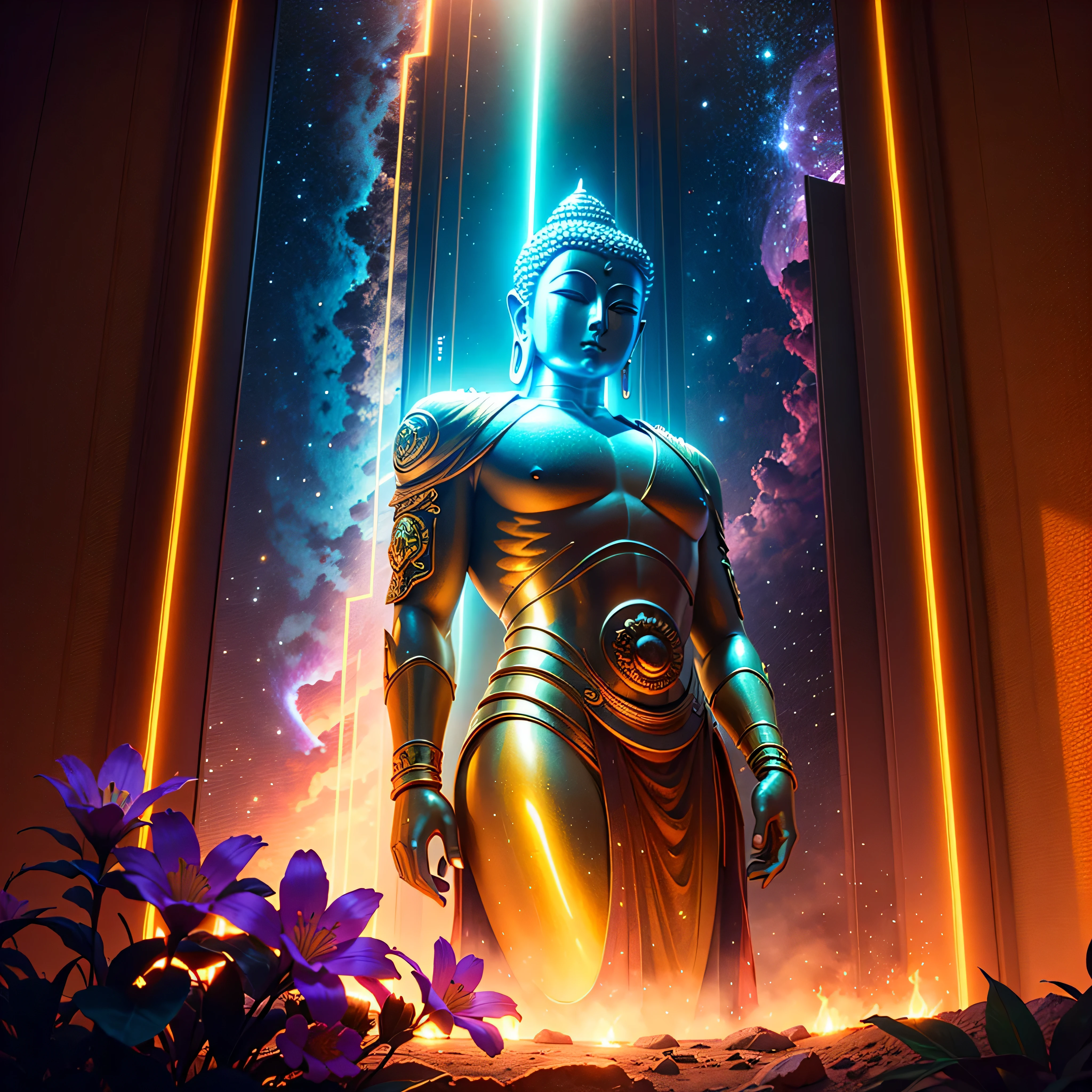 Will-o'-the-wisp dazzling Symmetrical Duddha_Interstellar (Galaxy stars Nebula Spacious Sunrise evening_glow distant_view Sunset rich_colors colorful wide-angle_lens shooting_evening positive_film naturalistic_style),A highly detailed, futuristic scene with a vibrant color palette and neon lights. The focal point of the scene a magnificent Golden Buddha statue, radiating a sense of peace and tranquility. The statue made of pure gold and shines brightly, reflecting the neon lights around it. The surrounding environment filled with futuristic elements, such as sleek buildings, flying cars, and holographic advertisements. The colors in the scene are intense and vibrant, incorporating shades of blues, purples, pinks, and greens. The neon lights illuminate the surroundings, casting a surreal and vibrant glow. The overall atmosphere both awe-inspiring and serene, blending the traditional beauty of the Golden Buddha with the cutting-edge aesthetics of the future. Everything in the scene highly detailed and realistic, with every intricate feature of the Buddha statue captured flawlessly. The lighting carefully designed to highlight the beauty of the statue and create a mesmerizing ambiance.optimal bright_color dappled_sunLight meticulously intricate ultra_high-details ultra_high-res hyper pro-Photo-realistic ultra_high-quality ultra_high-def UHD XT3 DSLR HDR extreme improved Octane-rendered opengl-shaders glsl-shader romm rgb pbr shading 3DCG fxaa global illumination cgi vfx sfx fkaa txaa rtx ssao post-processing post-production cell-shading tone-mapping Ultra_sharpness focus accurate max saturate reflex analogique Vivid DSLR color-coded luminescence volumetric Cinematic_Sunrise lightning contrast incandescent Cristallines floraison zentangle fleuraison varied multi etc. --s 1000 --c 20 --q 20 --chaos 100