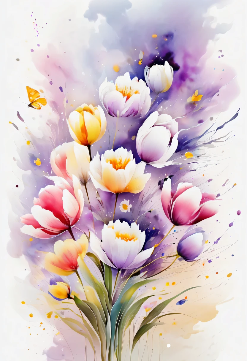 This watercolor flower painting presents an elegant and fresh visual effect。Field of wildflowers and tulips,Forming the perfect combination of nature and romance。The screen is dominated by a white background,Highlight isolated watercolor flower。Splash technology recreates wet conditions,The atmosphere seems vague and dreamy。Unique composition and abstract expression add to the artistic feel of the picture,Contains elements of surrealism。The overall color tone is mainly light tones,Purple and gold complement each other beautifully,Show high-resolution details。The splash-ink effect adds a touch of agility to the picture,The light color gives the flowers a deep and restrained beauty.