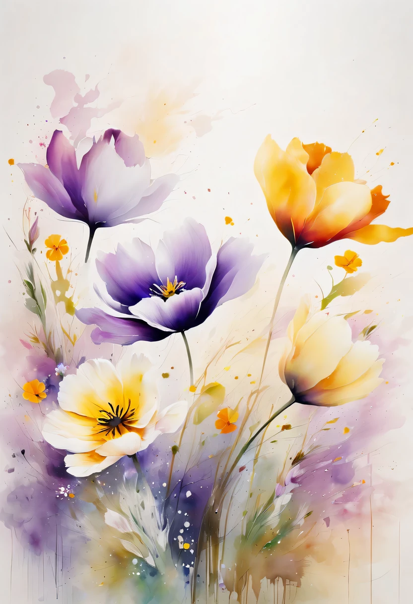 This watercolor flower painting presents an elegant and fresh visual effect。Field of wildflowers and tulips,Forming the perfect combination of nature and romance。The screen is dominated by a white background,Highlight isolated watercolor flower。Splash technology recreates wet conditions,The atmosphere seems vague and dreamy。Unique composition and abstract expression add to the artistic feel of the picture,Contains elements of surrealism。The overall color tone is mainly light tones,Purple and gold complement each other beautifully,Show high-resolution details。The splash-ink effect adds a touch of agility to the picture,The light color gives the flowers a deep and restrained beauty.