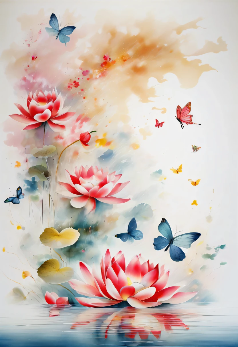 This abstract watercolor flower painting offers a light and refreshing visual effect。Lotus flowers and butterflies intertwined in the lake，Forming the perfect combination of nature and romance。The screen is dominated by a white background，Highlight isolated watercolor flower。Splash technology recreates wet conditions，The atmosphere seems vague and dreamy。Unique composition and abstract expression add to the artistic feel of the picture，Contains elements of surrealism。The overall color tone is mainly light tones，Red and gold complement each other，Show high-resolution details。The splash-ink effect adds a touch of agility to the picture，The light color gives the flowers a deep and restrained beauty.