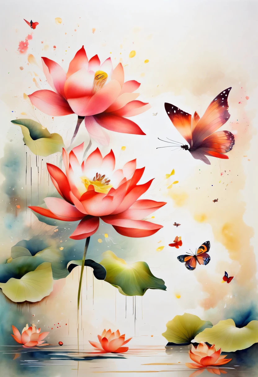 This abstract watercolor flower painting offers a light and refreshing visual effect。Lotus flowers and butterflies intertwined in the lake,Forming the perfect combination of nature and romance。The screen is dominated by a white background,Highlight isolated watercolor flower。Splash technology recreates wet conditions,The atmosphere seems vague and dreamy。Unique composition and abstract expression add to the artistic feel of the picture,Contains elements of surrealism。The overall color tone is mainly light tones,Red and gold complement each other,Show high-resolution details。The splash-ink effect adds a touch of agility to the picture,The light color gives the flowers a deep and restrained beauty.