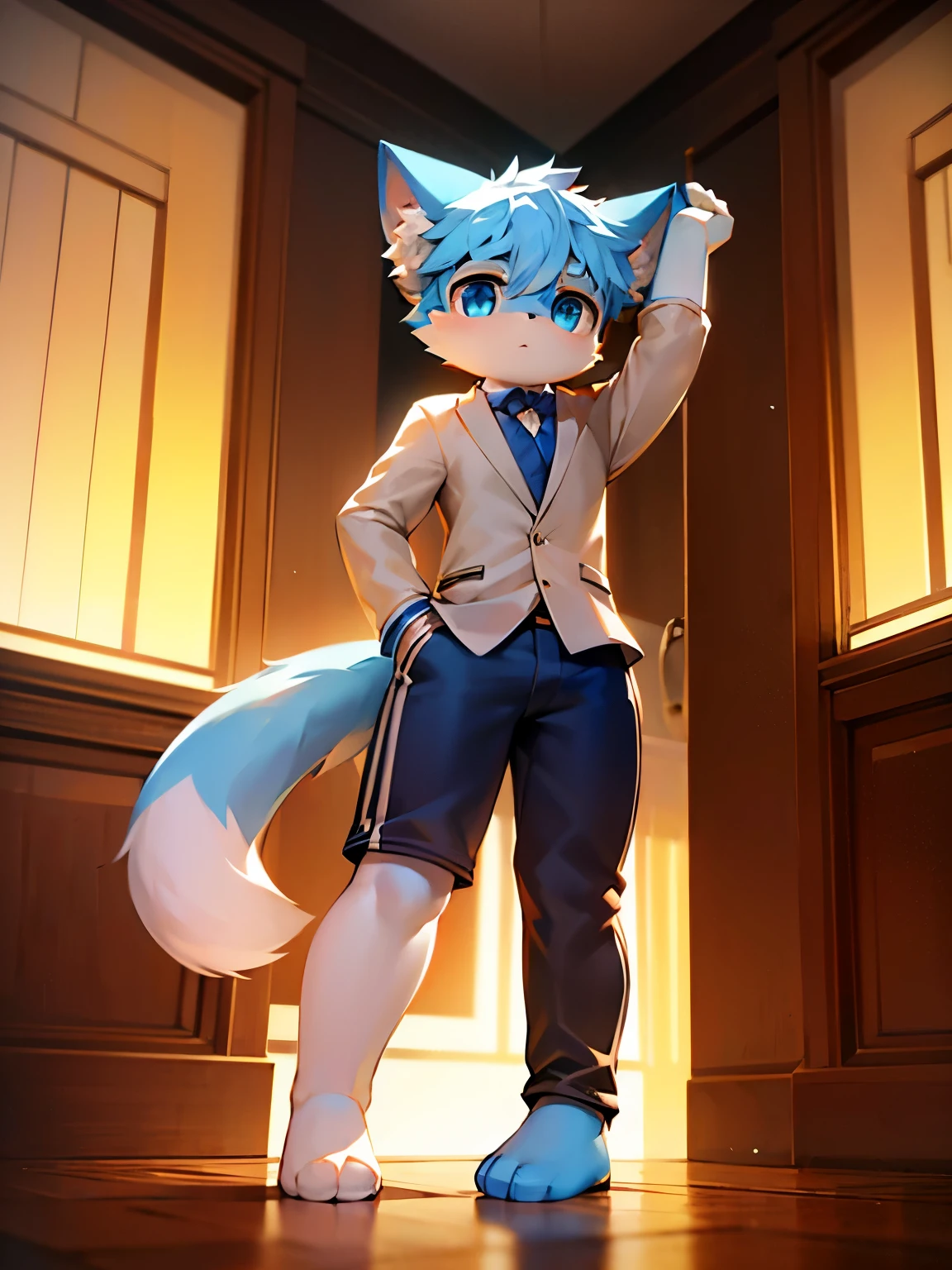 
blue pupils, light furry body, light furry tail, Boy cat，very cute，Light hair，P station popular styles，One role solo，Light cute plush little long legs，Formal style，sporty style，3D feeling is very strong，Sturdy plush thighs，Full body photo of standing