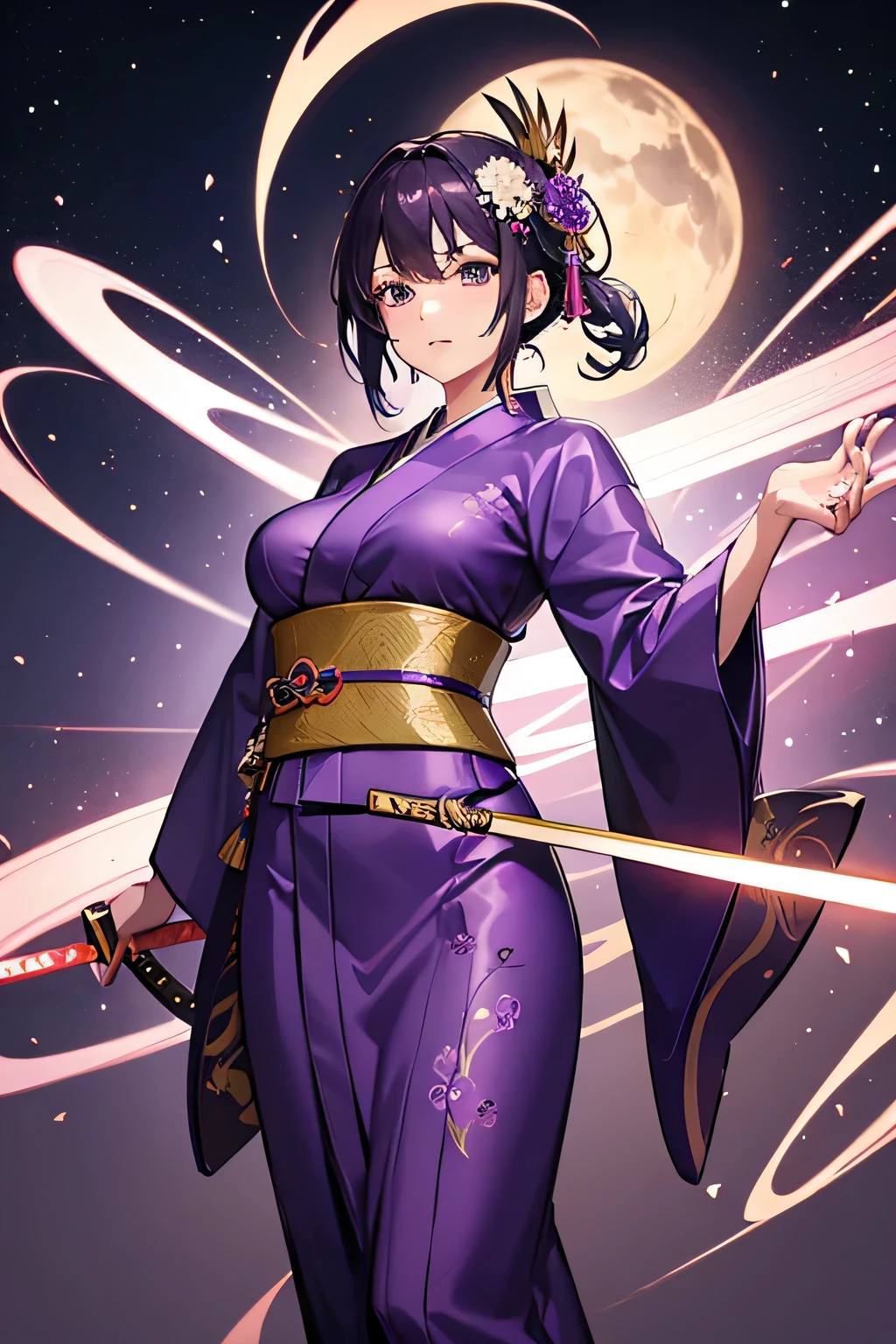 a woman in purple yukata, japan woman, holding katana, Electro element, Tall Female, goddess, queen 