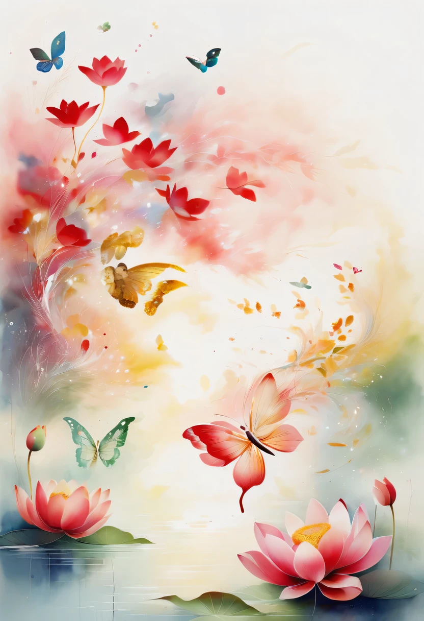 This abstract watercolor flower painting offers a light and refreshing visual effect。Lotus flowers and butterflies intertwined in the lake,Forming the perfect combination of nature and romance。The screen is dominated by a white background,Highlight isolated watercolor flower。Splash technology recreates wet conditions,The atmosphere seems vague and dreamy。Unique composition and abstract expression add to the artistic feel of the picture,Contains elements of surrealism。The overall color tone is mainly light tones,Red and gold complement each other,Show high-resolution details。The splash-ink effect adds a touch of agility to the picture,The light color gives the flowers a deep and restrained beauty.
