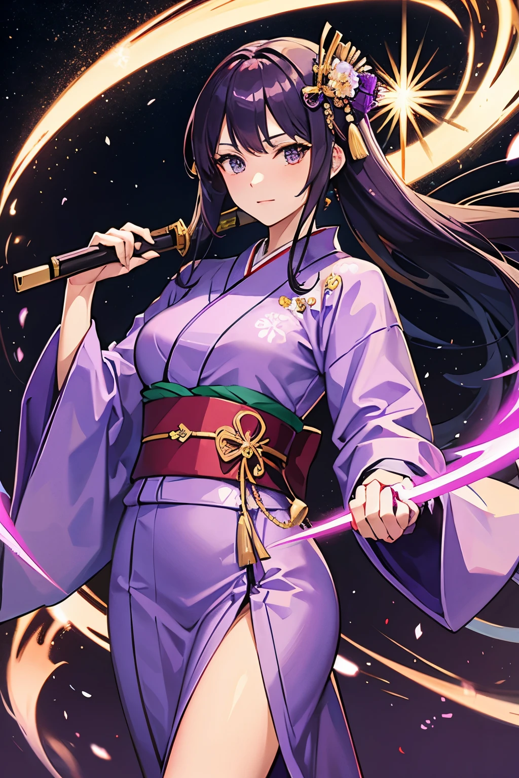 a woman in purple yukata, japan woman, holding katana, Electro element, Tall Female, goddess, queen