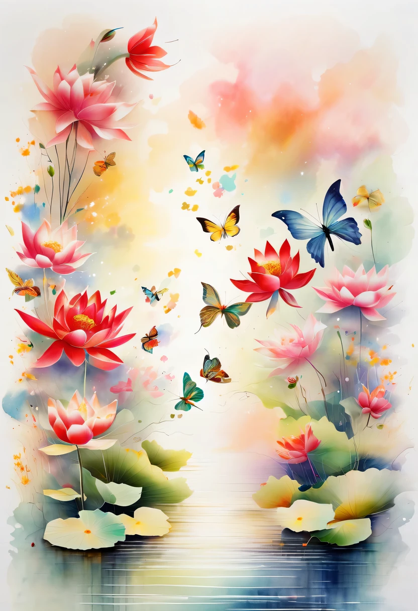 This abstract watercolor flower painting offers a light and refreshing visual effect。Lotus flowers and butterflies intertwined in the lake，Forming the perfect combination of nature and romance。The screen is dominated by a white background，Highlight isolated watercolor flower。Splash technology recreates wet conditions，The atmosphere seems vague and dreamy。Unique composition and abstract expression add to the artistic feel of the picture，Contains elements of surrealism。The overall color tone is mainly light tones，Red and gold complement each other，Show high-resolution details。The splash-ink effect adds a touch of agility to the picture，The light color gives the flowers a deep and restrained beauty.