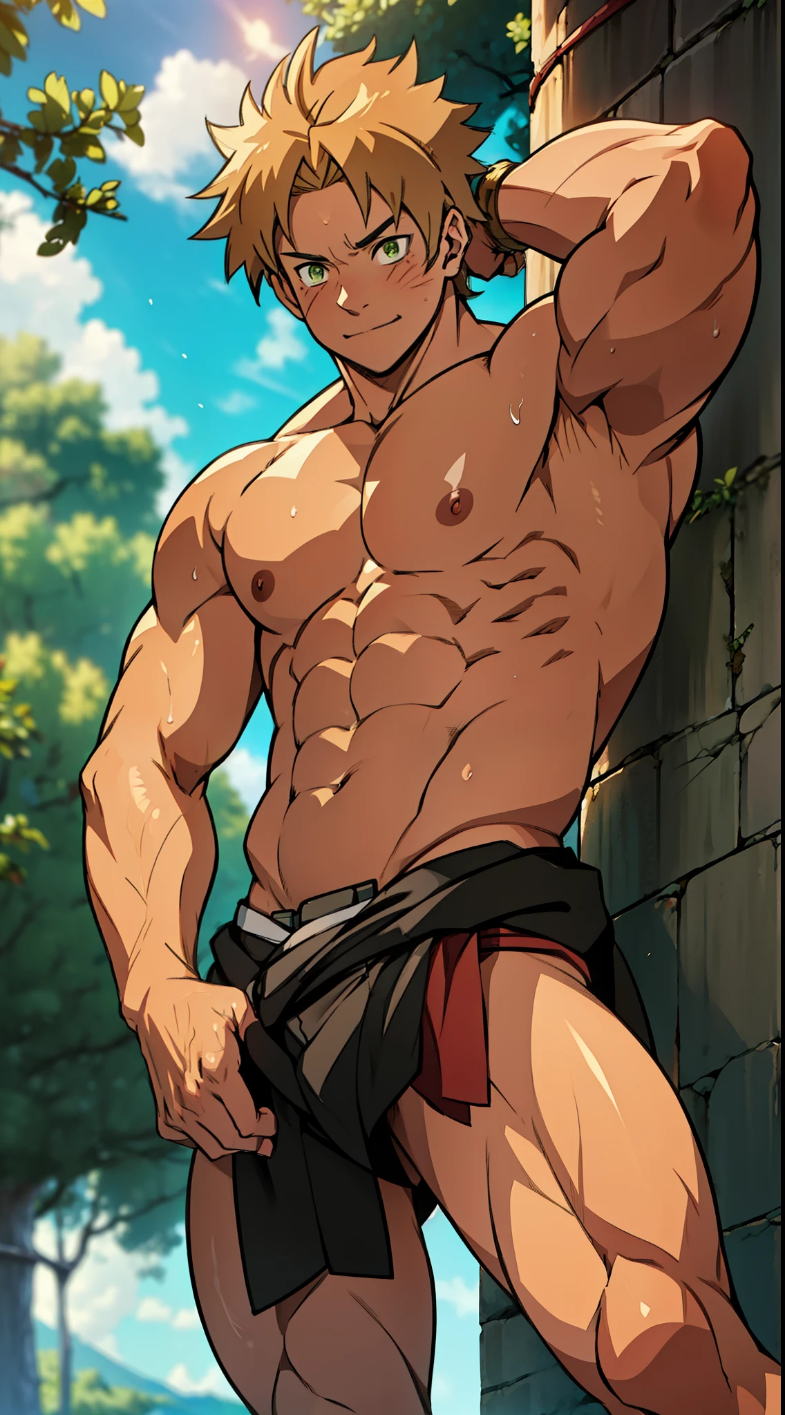 red skin, bright red skin, the boy blushed shyly , rosy skin, shiny skin(muscular thigh muscles )(Naruto anime style, art) (photo angle from bottom up) (photo angle from the ground upwards) [Anime photo][highest quality photo][4k,HD photo quality ] wear tight and short loincloths ,the loincloth bulges due to the erect male genitals (muscular thigh muscles, firm thigh muscles, muscular thigh muscles, sinewy thigh muscles, giant thigh muscles, strong leg muscles, muscular hamstring leg muscles)(thigh muscles bulging as if about to explode, muscular, calloused, sinewy, giant) , Rudeus Greyrat, shy, pensive, tired, bodybuilder,bodybuilding, standing, lots of sweat flowing down, topless, shirtless, hot sunny, 8 pack abs , short hair , green eyes, hands behind head.