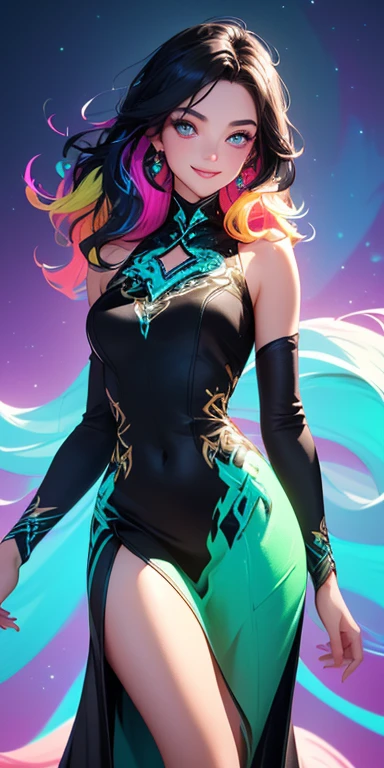 (black hair,colorful fluorescence multicolored hair:1.5,wavy hair:1.5), (masterpiece, sidelights, exquisite beautiful eyes: 1.5), masterpiece*portrait, realistic, ((Colorful background of different colors:1.5)),(Gentle face:1.5),colorful,3D face,(cute face),front view: 1.6、 (glowing red eyes:1.2),(tareme:1.5)、(cute smile:1.5),,Slim Body, shiny hair, shiny skin: 1.5、medium breasts,、solo,(stand)、(flowing dress:1.5)、(charactor focus:1.5、portlate、eye focus,cowboy shot)、bright atmosphere,intricatedetails