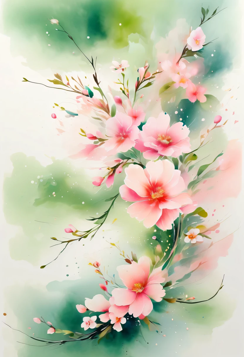 This watercolor flower painting presents an elegant and fresh visual effect。Wild flowers and peach blossoms intertwined in the fields,Forming the perfect combination of nature and romance。The screen is dominated by a white background,Highlight isolated watercolor flower。Splash technology recreates wet conditions,The atmosphere seems vague and dreamy。Unique composition and abstract expression add to the artistic feel of the picture,Contains elements of surrealism。The overall color tone is mainly light tones,Pale pink and green complement each other,Show high-resolution details。The splash-ink effect adds a touch of agility to the picture,The light color gives the flowers a deep and restrained beauty.。