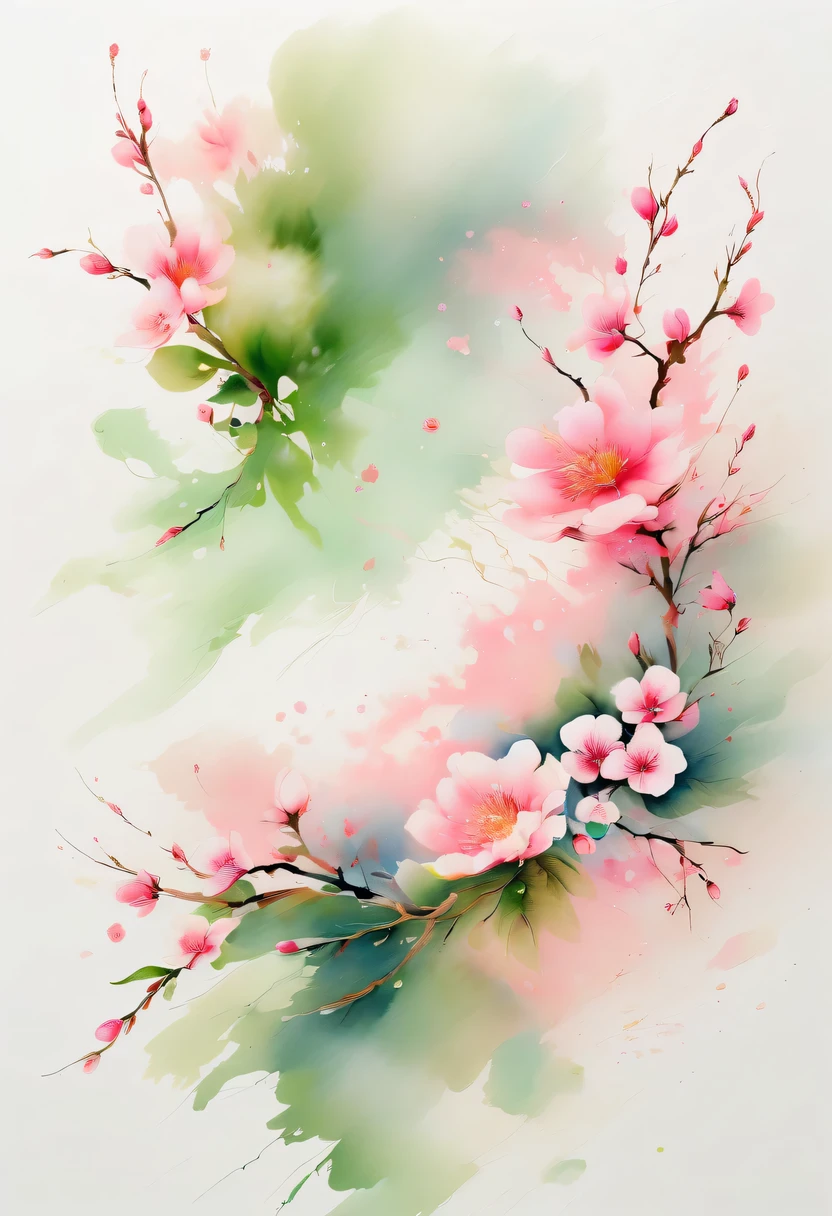 This watercolor flower painting presents an elegant and fresh visual effect。Wild flowers and peach blossoms intertwined in the fields,Forming the perfect combination of nature and romance。The screen is dominated by a white background,Highlight isolated watercolor flower。Splash technology recreates wet conditions,The atmosphere seems vague and dreamy。Unique composition and abstract expression add to the artistic feel of the picture,Contains elements of surrealism。The overall color tone is mainly light tones,Pale pink and green complement each other,Show high-resolution details。The splash-ink effect adds a touch of agility to the picture,The light color gives the flowers a deep and restrained beauty.。