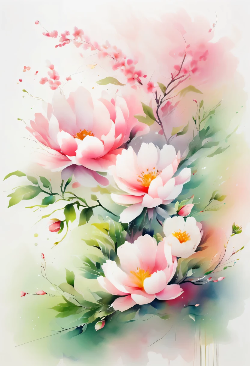 This watercolor flower painting presents an elegant and fresh visual effect。Wild flowers and peach blossoms intertwined in the fields，Forming the perfect combination of nature and romance。The screen is dominated by a white background，Highlight isolated watercolor flower。Splash technology recreates wet conditions，The atmosphere seems vague and dreamy。Unique composition and abstract expression add to the artistic feel of the picture，Contains elements of surrealism。The overall color tone is mainly light tones，Pale pink and green complement each other，Show high-resolution details。The splash-ink effect adds a touch of agility to the picture，The light color gives the flowers a deep and restrained beauty.。
