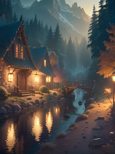"(((masterpiece))) better quality, FHD8k, fantasy scene made of candy, Door, The windows and roof are made of candy, no human beings exist, sweet syrup river, in magical and enchanting surroundings."hospitality, Cookies, Chantilly,Chocolate sauce,honey river ,river honey , marshmallow gum,Bombom, rainbow made of snacks, Chimney made of candy, honey river , 3dMM rendering. professional lighting